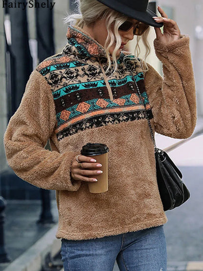 Fairyshely 2025 Winter Print Women Hoodies Casual Long Sleeve Hood Sweatshirt Loose Autumn Lady Stand Collar Plush Hoodie Tops.