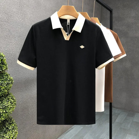 Men's Casual Polo Shirt Collared Short Sleeve Pique Cotton Breathable V-Neck Color Block Half Sleeve Summer Loose Top.