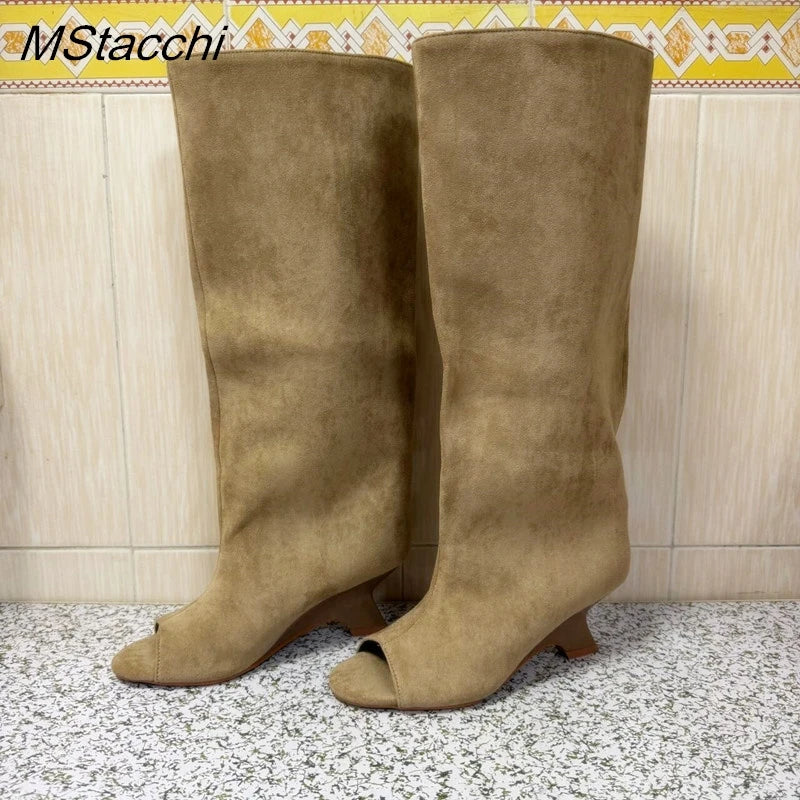 2025 New Peep Toe Long Boots Summer Thick High Heels Women's Knee Boots Large Size Shoes Ladies Slip-on Strange Heels Cool Boots.