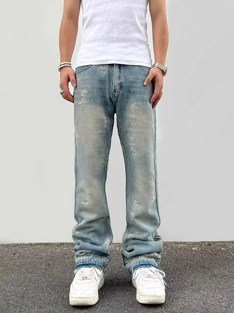 Loose Men's Straight Leg Jeans Casual High Street American Style Torn Frayed Hem Wide Leg Pants Trendy Casual Denim Trousers.