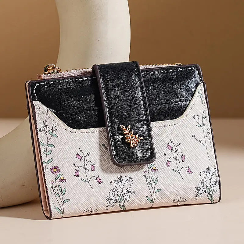 Slim Pu Leather Short Wallet Ins Multi Card Zipper Coin Wallet Strap Small Flower Card Bag Wallet Zipper Strap Women's Girl.
