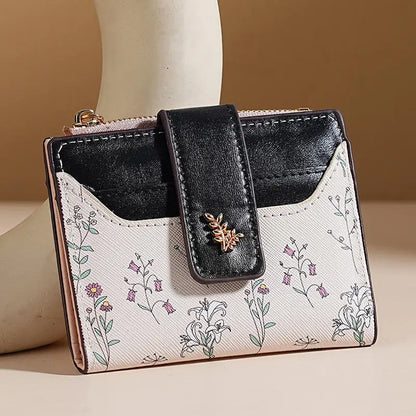Slim Pu Leather Short Wallet Ins Multi Card Zipper Coin Wallet Strap Small Flower Card Bag Wallet Zipper Strap Women's Girl.