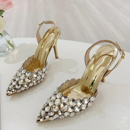 Liyke Elegant Pointed Toe Slingback Stiletto Sandals Crystal Diamonds Women Pumps High Heels Wedding Prom Shoes Zapatos Mujer