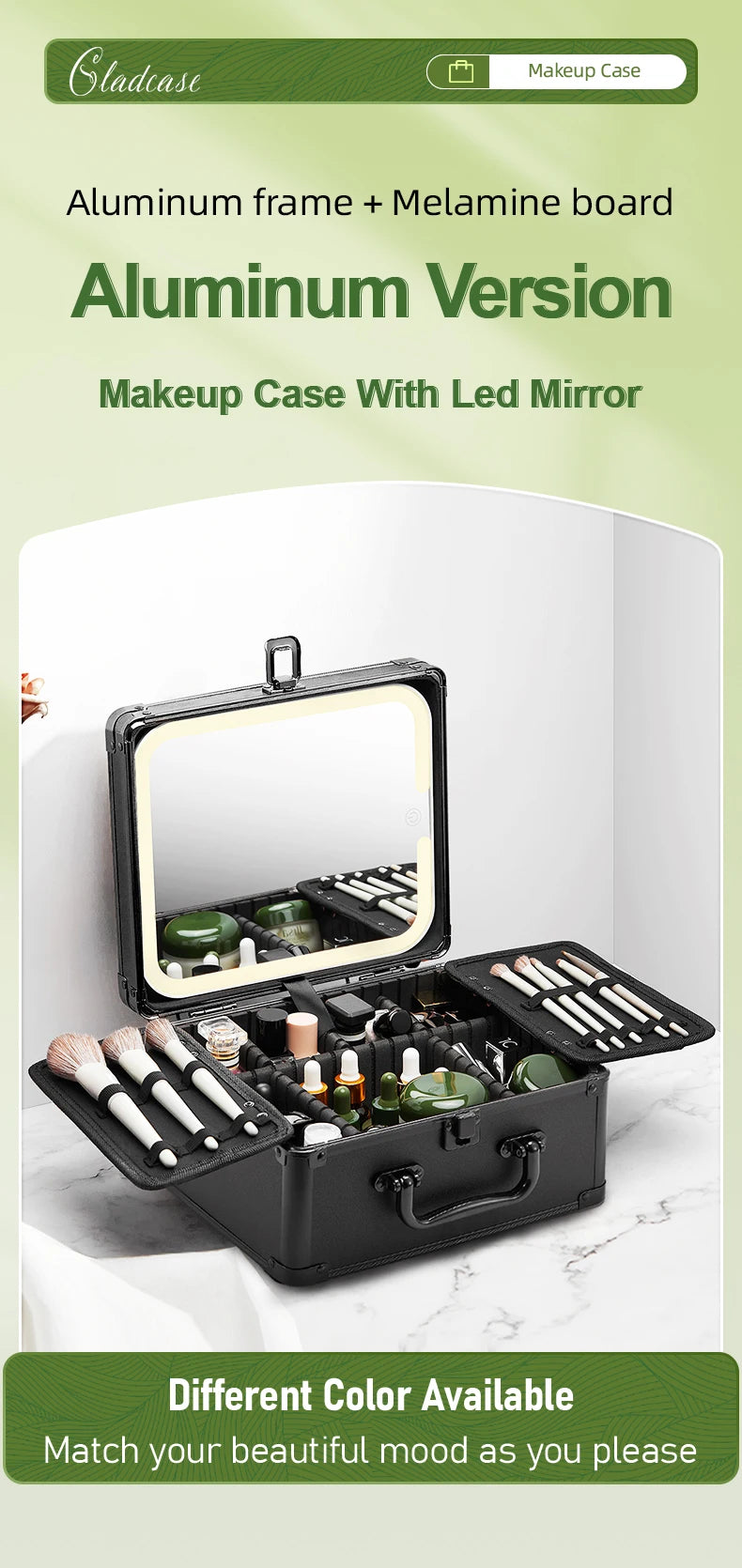 GLADCASE 2025 Portable Makeup Case with adjustable LED light Mirror carry Cosmetic Box Organizer train Beauty for dailry travel.