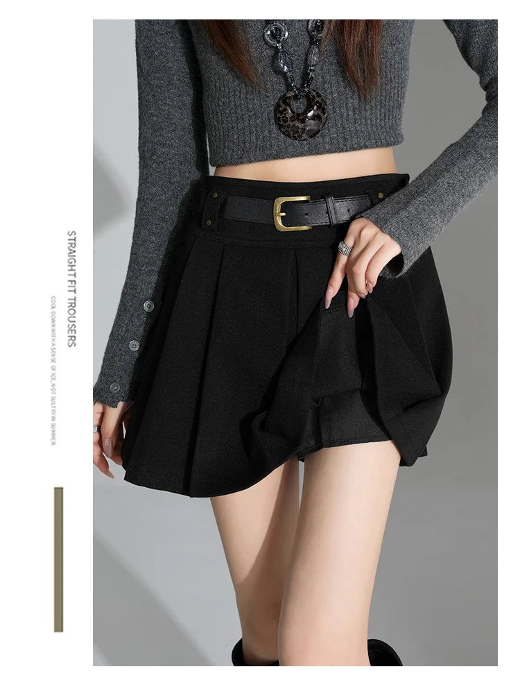 Preppy Style Coffee Woolen Skirt for Women Autumn Winter 2025 Chic High-waisted Mini Skirt Female Korean Thick Outwear Faldas.