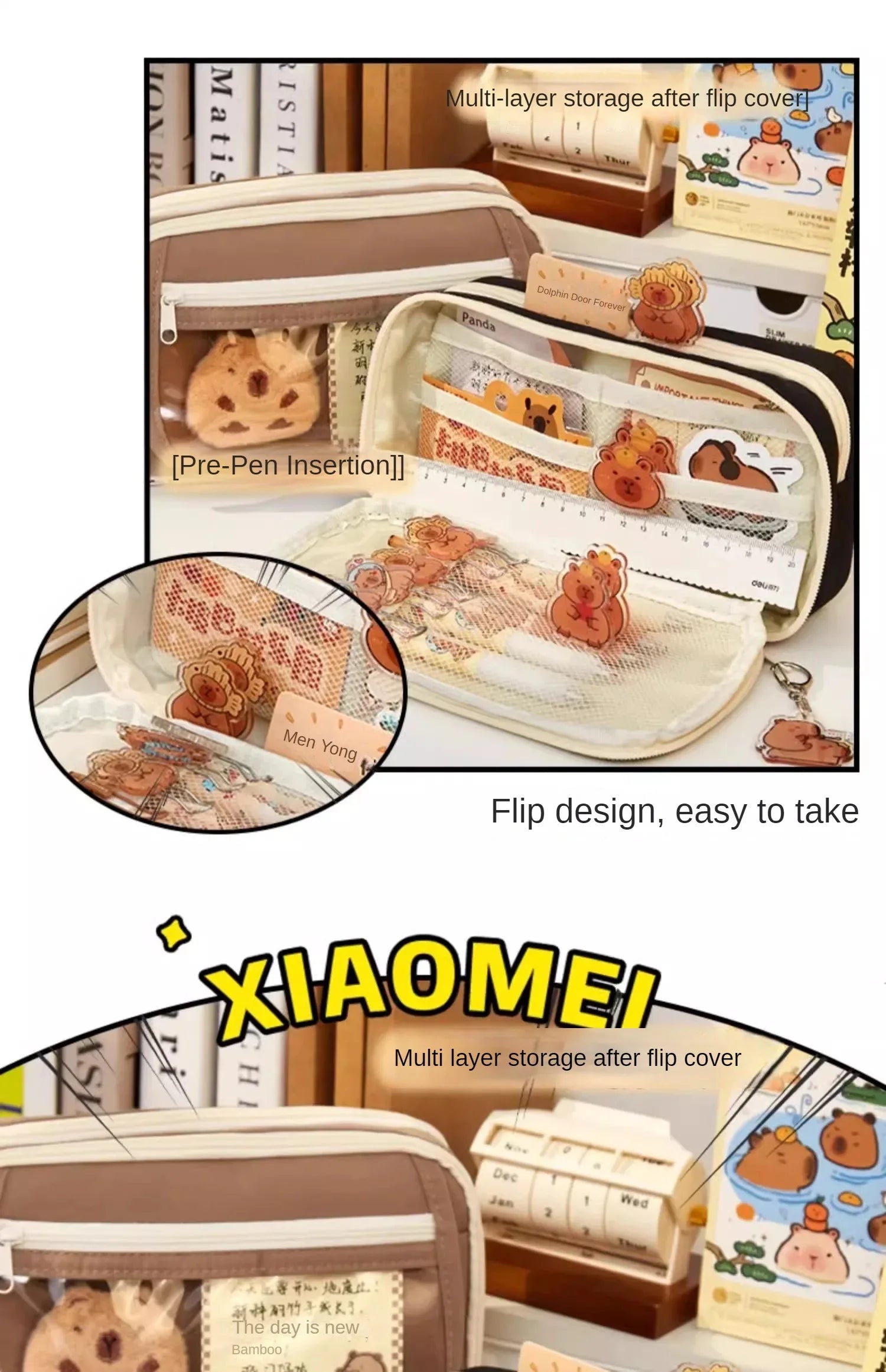 Große Kapazität Bleistift Tasche Capybara Cartoon Leinwand Schreibwaren Halter Tasche Mit Broschen Aufkleber Clips Schlüsselanhänger Kinder Stift Fall.