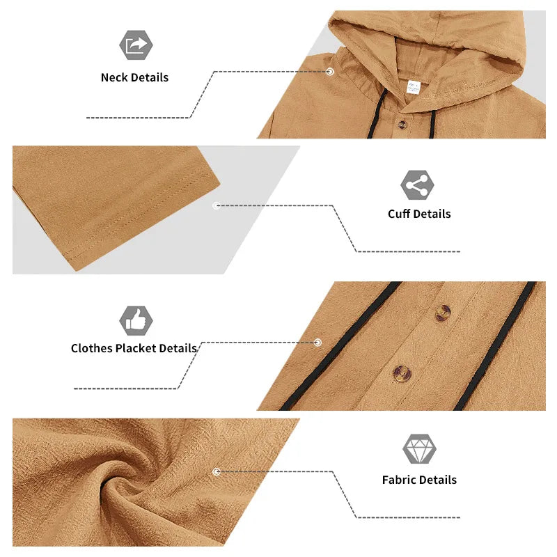 Cross-border Autumn Linen Men's Casual Suit Loose Hooded Henley Shirt Long Sleeve Pants Suit