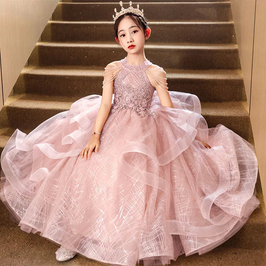 2025, Kinderkleider, Luxuspartys, rosa Neckholder, Geburtstagsfeier, elegantes Kleid für Mädchen, Prinzessinnenkleid, Host-Performance