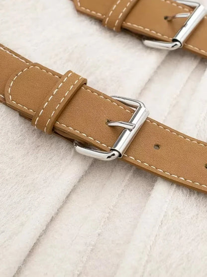 Women Fashion With Belt Woolen Jacket Coat V Neck Long Sleeve Female Outerwear Chic Tops.