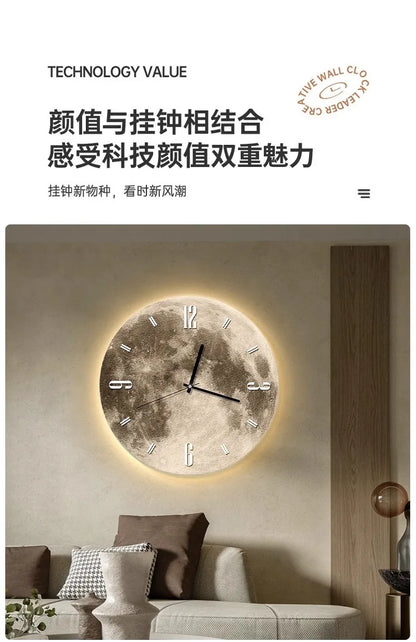 20-Zoll-Mode-Wanduhr, Esszimmer, Wohnzimmer, Mond, die Erde, Modellierung, LED-Licht, geräuschloses Uhrwerk, Schlafzimmeruhr, Wanddekoration