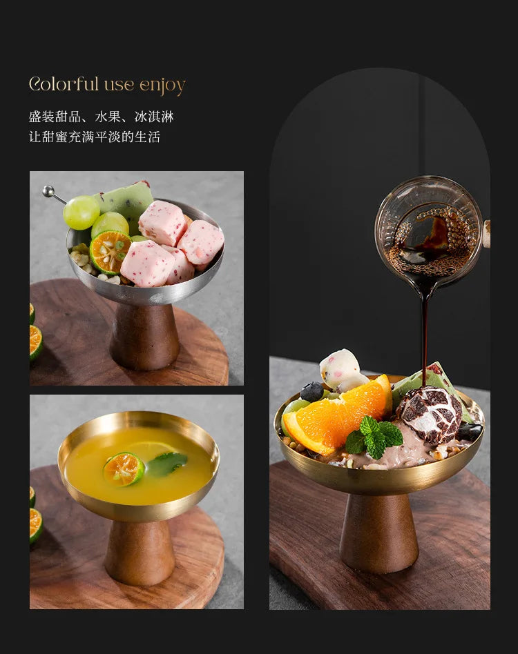 StainlessTea Tray Snack Tray Fruit Tray Salad Tray Steel Wooden Footed Cup High Foot Cup Ice Cream Cup Pudding Cup Dessert Plate.