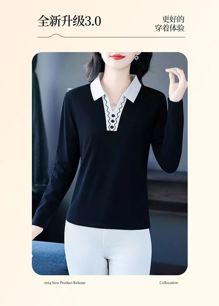 2025 Autumn New Women Clothes Office Lady Simplicity Patchwork Polo-Neck Top Tee Ladies Fashion Loose Buttons Long Sleeve Shirts.