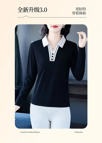 2025 Autumn New Women Clothes Office Lady Simplicity Patchwork Polo-Neck Top Tee Ladies Fashion Loose Buttons Long Sleeve Shirts.