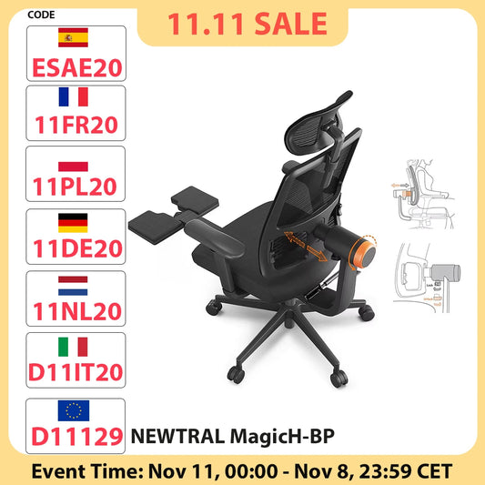 NEWTRAL MagicH-BP Ergonomischer Stuhl mit Fußstütze, automatisch ausgestellte Rückenlehne, adaptive Unterrückenstütze, verstellbare Armlehne, Kopfstütze