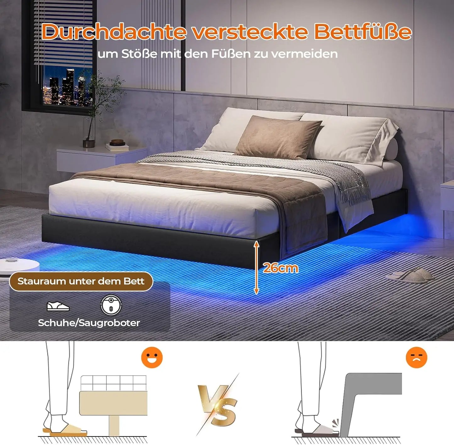 Bett 140x200 mit verstellbarer Beleuchtung, Bettgestell 140x200 mit weicher Polsterung, schwebender Bettrahmen, gepolsterte Jugendbe