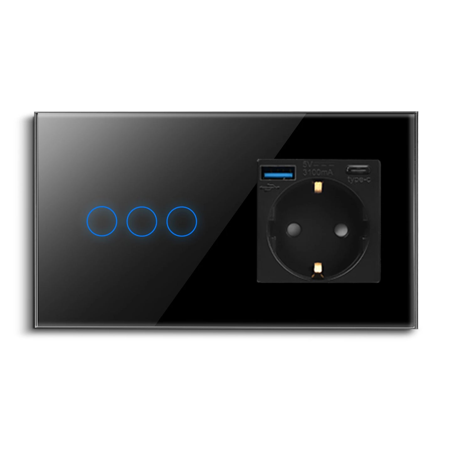 Bingoelec Wandsteckdose, Touch-Lichtschalter mit USB, 20 W, Typ C, Schnellladesteckdose, Glasscheibe, EU-Standard-Steckdosen
