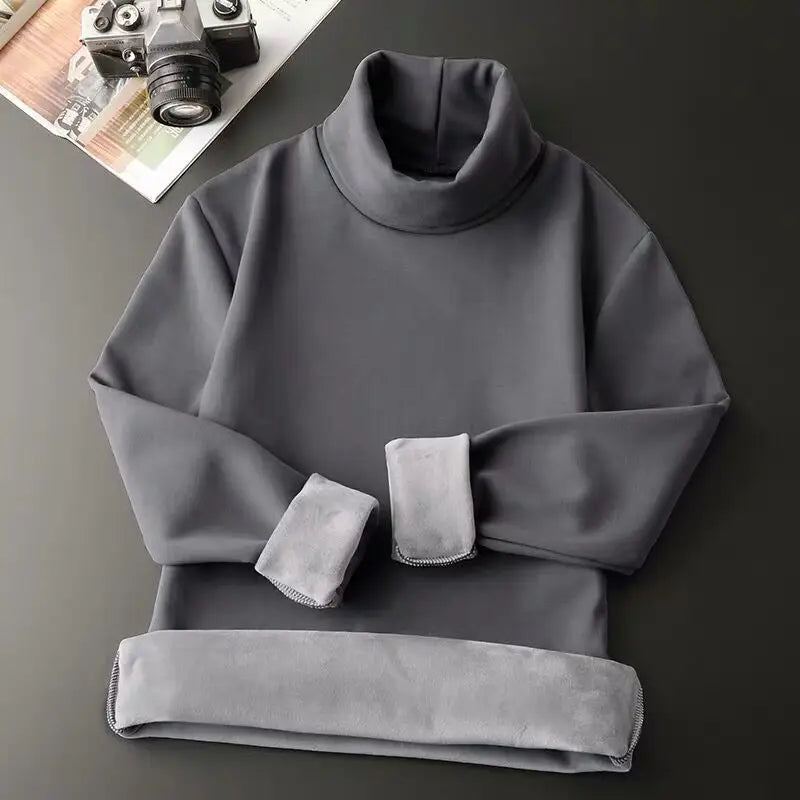 Trend Solid Simplicity Street Casual T Shirts Autumn Winter Long Sleeve Thick All-match Fashion Tops Korean Vintage Men Clothing.