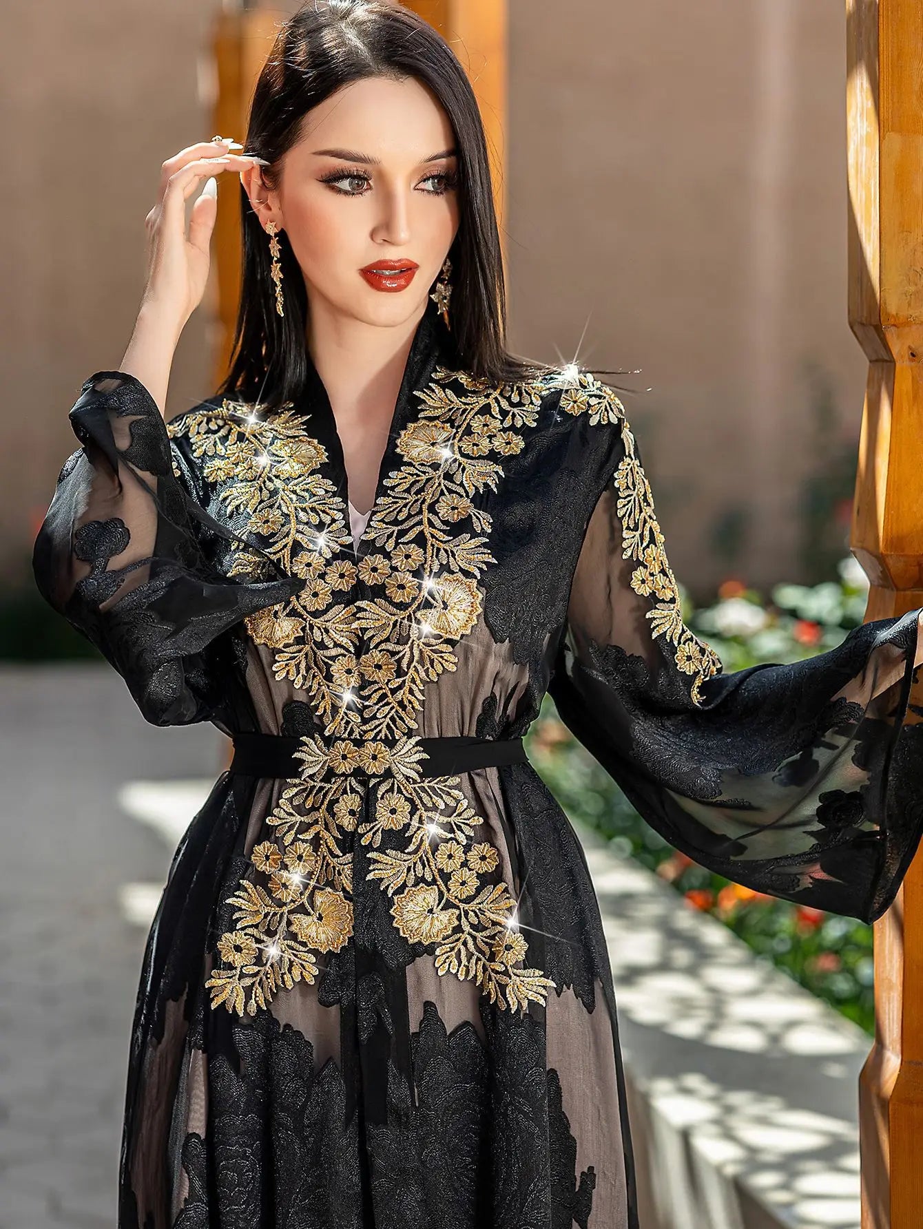 Fashion Lace Embroidered 2 Piece Set Robe Belt Abaya Dubai Kaftan Women Muslim Dress Morocco Caftan Ramadan Kebaya Jalabiya Gown.