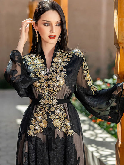 Fashion Lace Embroidered 2 Piece Set Robe Belt Abaya Dubai Kaftan Women Muslim Dress Morocco Caftan Ramadan Kebaya Jalabiya Gown.