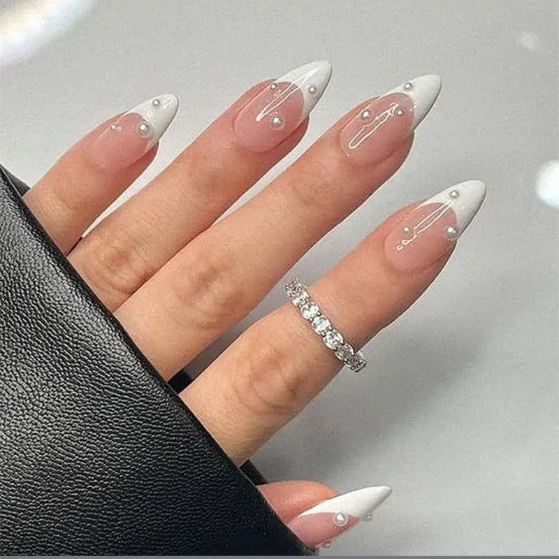 Aurora Handmade Press On Nails White Almond French Fake Nails Medium Wearable Manicure Simple Pearl Decoration Finger Nails Art.