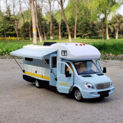 1:28 Diecast Luxury RV Recreational Vehicle Car Model Metal Camper Van Motorhome Touring Car Model Sound and Light Kids Toy Gift