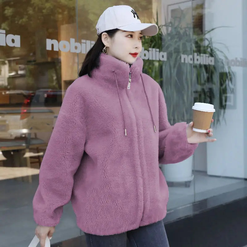 Frauen Winter Doppel Korallen Fleece Warme Mantel Stehkragen Plüsch Dicken Mantel Weibliche Mode Casual Langarm Zipper Kleidung