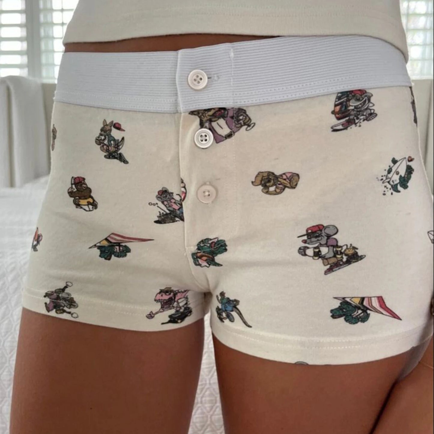 Combhasaki Womens Loungewear Shorts Y2K Vintage Elastic Low Waist Button Closure Graphic Printed Aesthetic Slim Fit Bottoms.