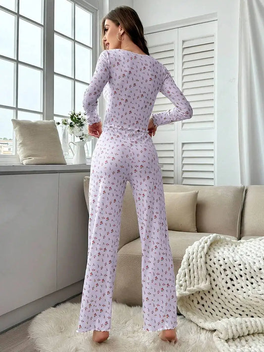 Herbst Winter Pyjama Set Frauen Nachtwäsche Blumen Druck Salat Trim Top mit Lange Hose Schöne Loungewear Volle Hülse Nachtwäsche