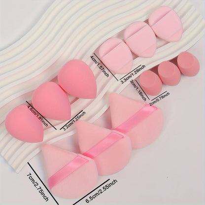 12-Piece All-Purpose Makeup Sponge Set, Made of 3 Loose Powder Puffs, 3 Mini Air Cushion Puffs, 3 Beauty Eggs and 3 Mini Beauty.