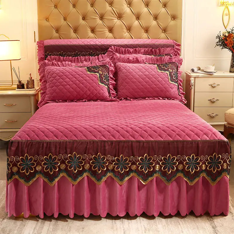 European Luxury Quilted Bed Skirt Winter Warm Thicken Velvet Bedspread King Good Hand Feeling Bed Skirt Not Included Pillowcase