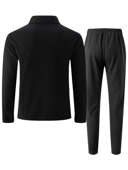 2025 Autumn New Style Waffle Pure Color Collar Pocket Long Sleeve Long Pants Casual Set.