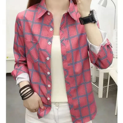 2024 herbst Neue College Stil Plaid Shirts frauen Lange hülse Taste Unten Casual Tops Lose Mode Polo Neck Blusen