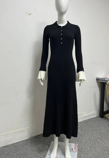 Tossy Weibliche Rüschen Strickwaren Langes Kleid Mode Patchwork Schlank Kontrast Revers Casual Party Kleid Kleid frauen Stricken Maxi Kleid