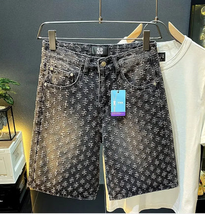 Retro American Casual Vintage Worn Short Jeans Men Straight Loose High Street Five-Point Pants Summer 2025 Distressed Denim.