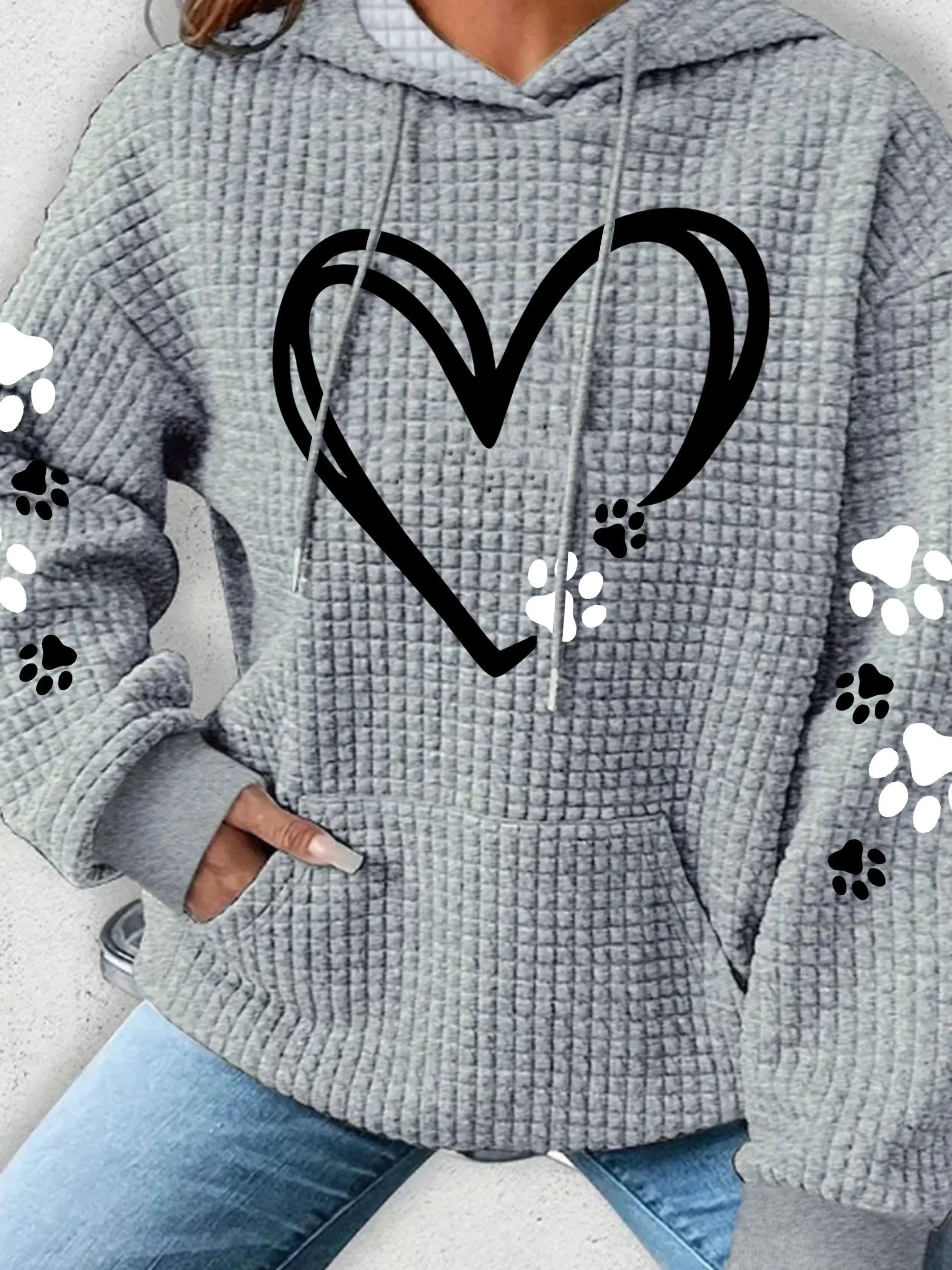 Plus Size Damenbekleidung, Waffelstrick-Oberteile für Damen, Katzenpfote, Liebesherz, bedruckt, Oversize-Kapuzenpullover für Damen mit Taschen-Sweatshirt.