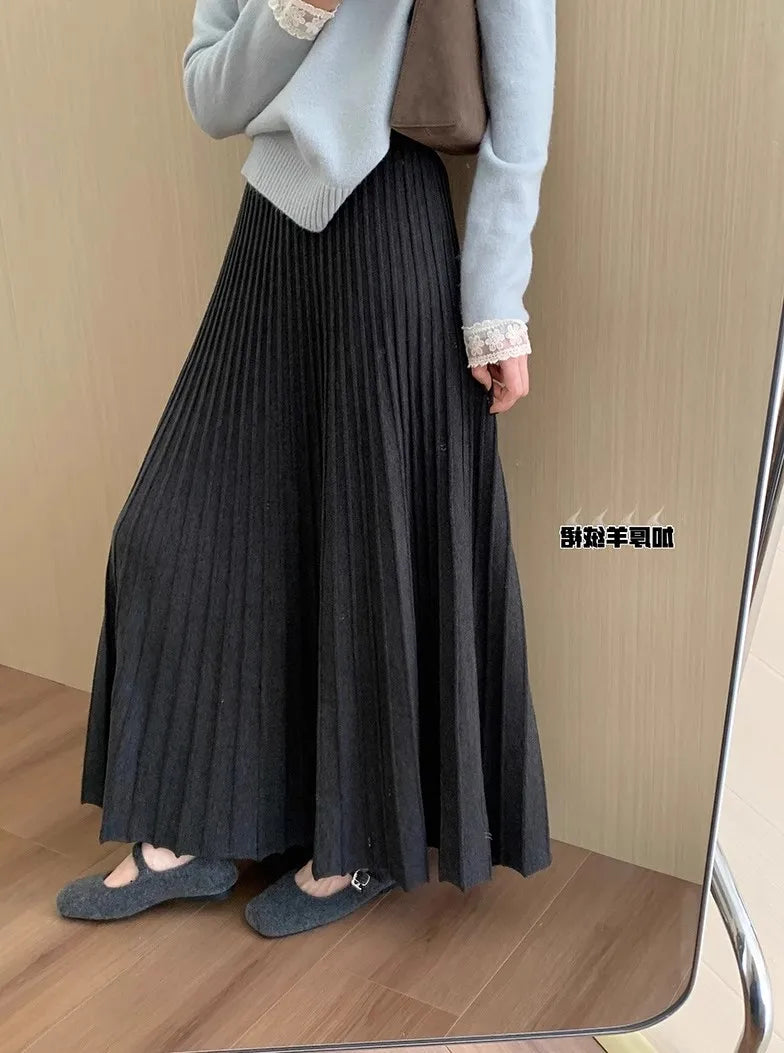 2026 Khaki Cashmere Knitted Midi Skirt for Women, Loose Fit, Draped, Slimming A-Line Pleated Skirt for Autumn and Winter