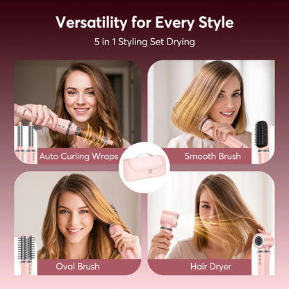 5 in 1 High-Speed Hot Air Styler Frizz-Free Fast Drying No Heat Damage Hair Dryer Curl Volumize Straighten with Travel Bag.