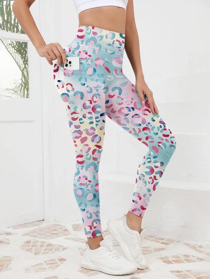 Bedruckte Damen-Fitnesshose mit hohem Bund und Tasche, gepaart mit engen Bauch-Yogahosen, geeignet zum Laufen, Wandern und Sp.