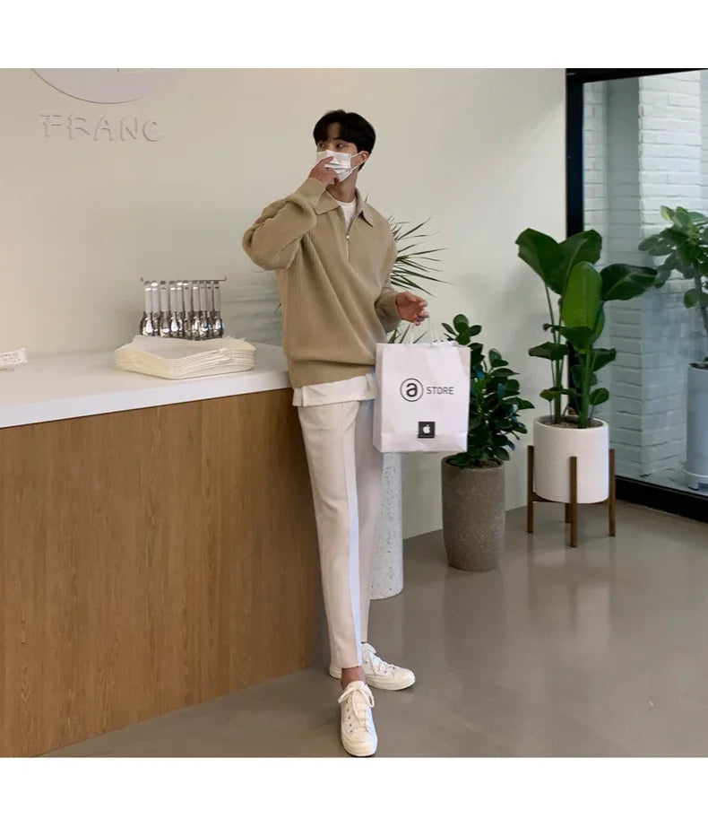 Half Zipper Sweater Men's Autumn and Winter Japanese Retro Korean Lapel Sweater Loose Casual Thread Trend.