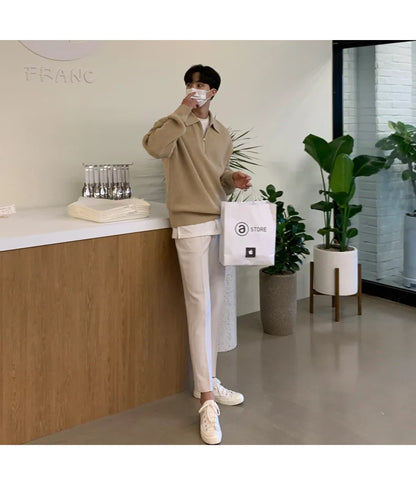 Half Zipper Sweater Men's Autumn and Winter Japanese Retro Korean Lapel Sweater Loose Casual Thread Trend.