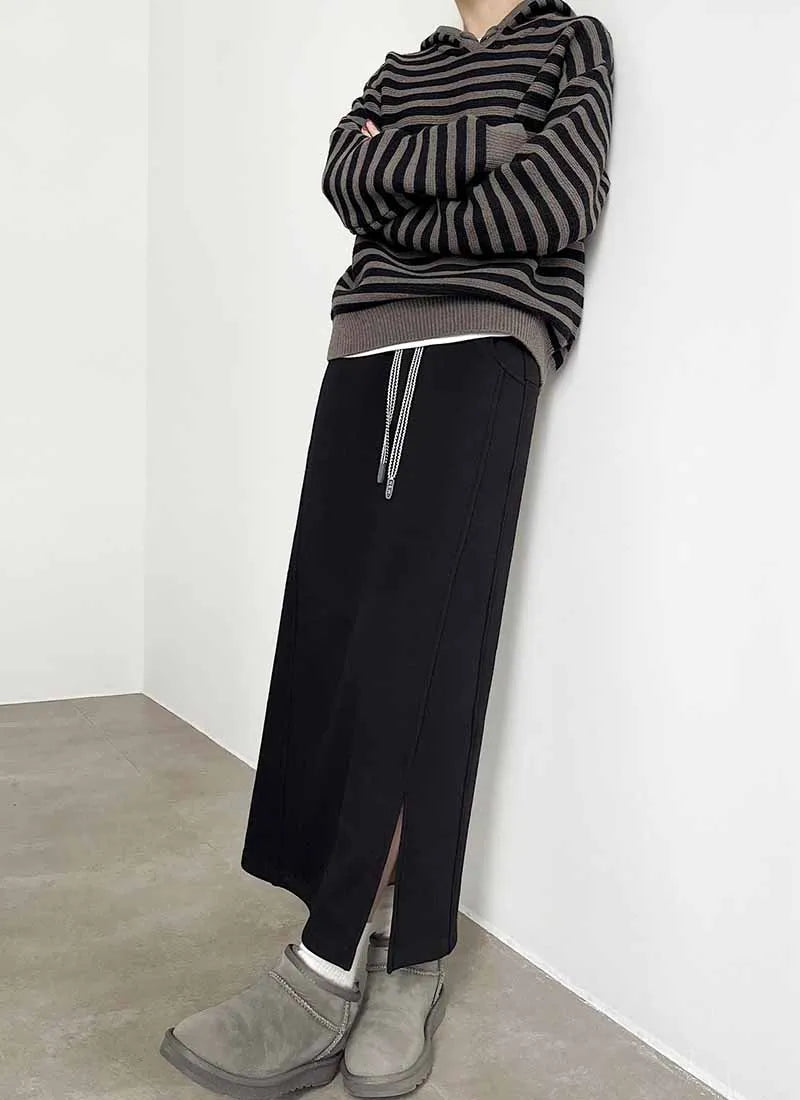 Women's Gray Split Midi Skirts Elasticity Waist Casual Loose Long Skirts Female Autumn Winter Thicken Plus Velvet Straight Skirt.