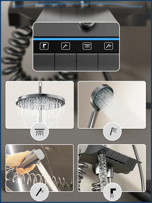 Four Ways Water Outlet Shower System Smart Digital Bathroom Shower Faucet Set Temperature Display Rainlfall Sunflower Shower Set