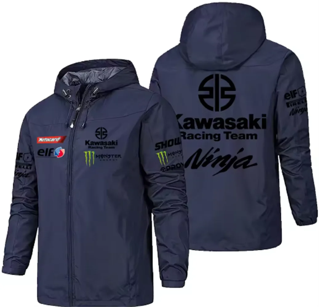 Racing team jacket with Kawasaki logo, men's waterproof and windproof sportswear, 2025 new outdoor sports fashionable fan jacket