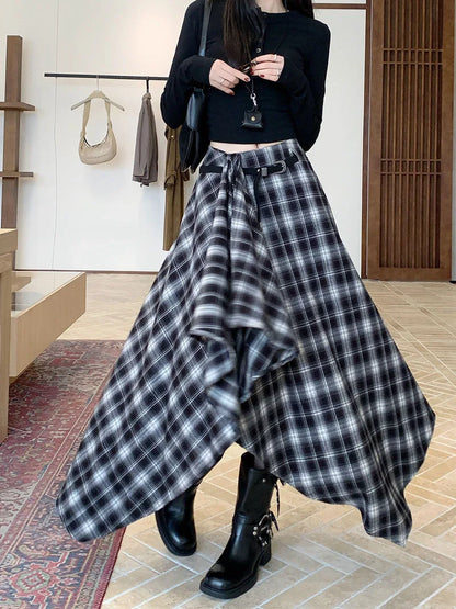 MEXZT Vintage Plaid Woolen Midi Skirt Women Y2K Harajuku Belt Asymmetrical Skirts Winter Gyaru Grunge Korean Design Faldas New.