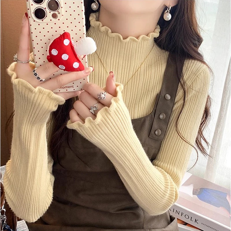 2025 Autumn Winter Women Half Turtleneck Fashion Wooden Ear Pullover Knitted Tops Long Sleeve O Neck Slim Warm Sweater Female.