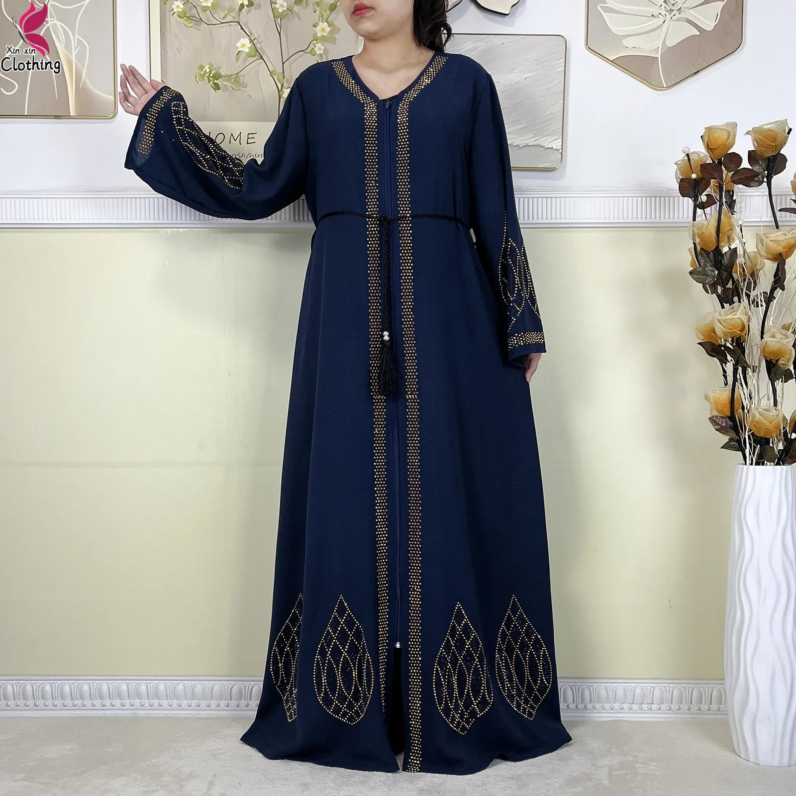 New Dubai Women Elegant Dress Diamonds Chiffon Open Abaya with Zipper Islamic Turkey Clothing Women Muslim Party Evening Dress.