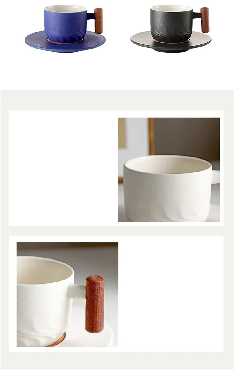 130ML Ceramic Coffee Cup Saucer Set Wooden Handle Japanese Tea Cups Filter Home Water Mug Handmade Frosted Tea Coffee Cup Gift.