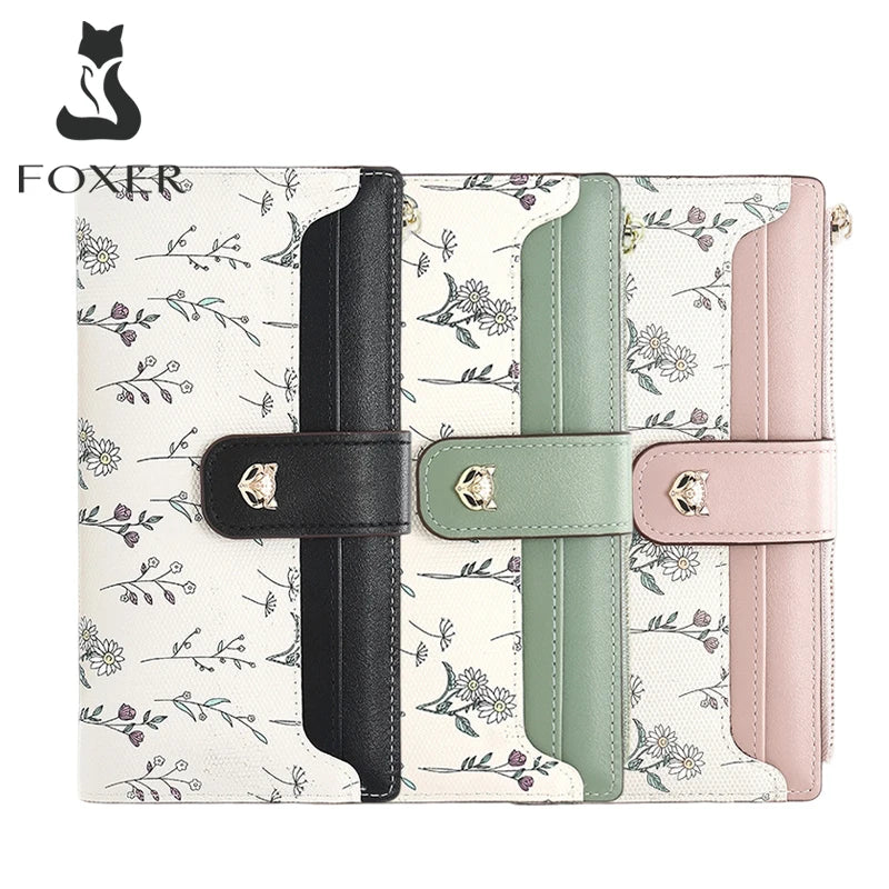 FOXER New Women's Long Wallet Fashion Multi-card Clutch Slot Card Holder Signature Versatile PU Floral Wallet Zipper Coin Purse.