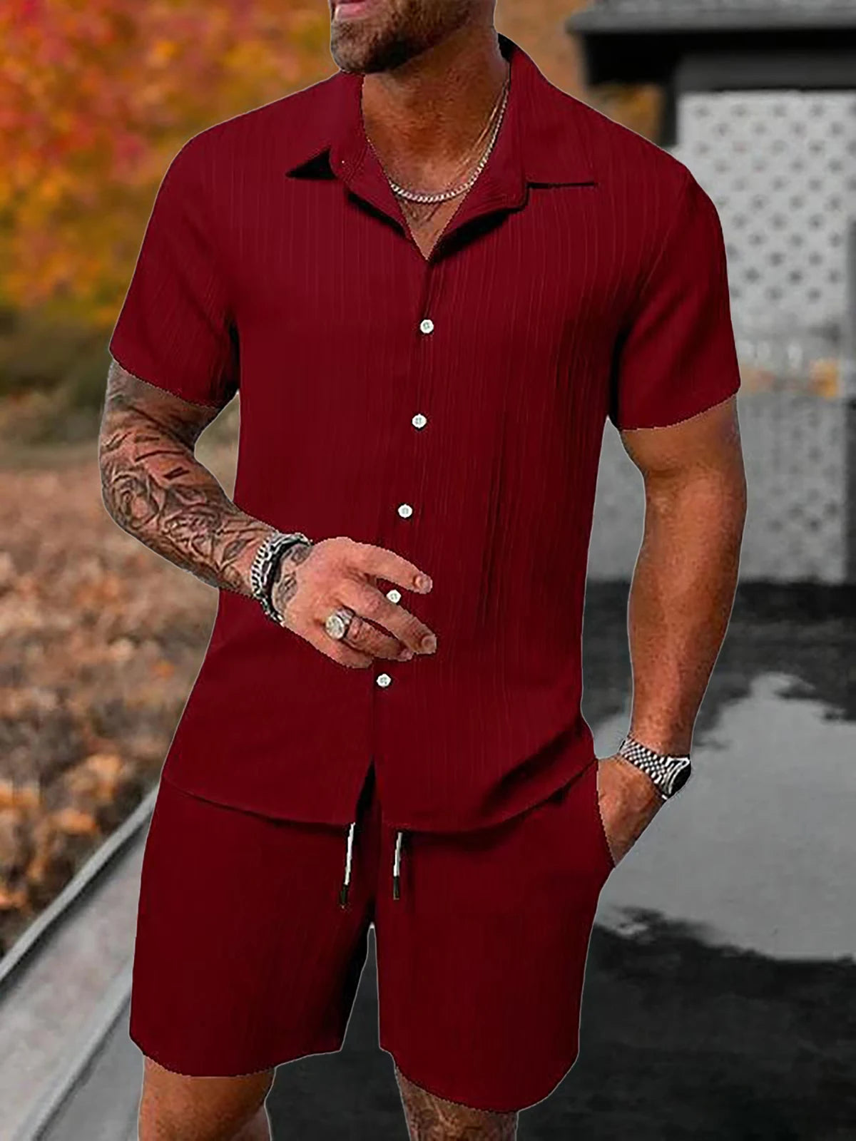 Lazy Street Style Vertical Stripe Slimming Shirt Shorts Two-piece Set No Need To Pair With Autumn Men's Thin Knit Sports Suit