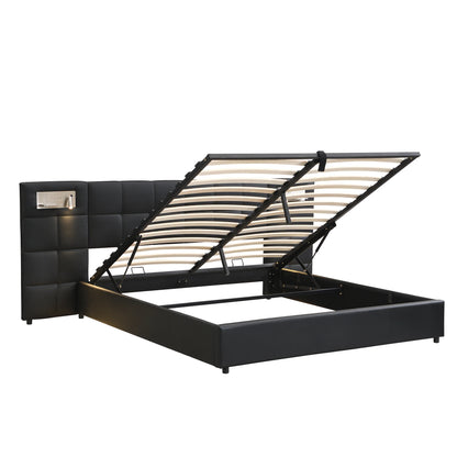 Polsterbett 180 x 200 cm, hydraulisches Bett, mit USB-Anschluss, kabelloses Laden und beleuchteter Lampe, mit Stauraum